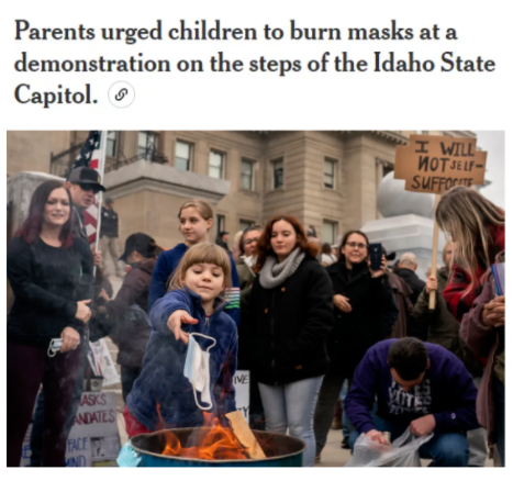 △《纽约时报》：今年3月初，爱达荷州上百人聚集在州议会大厦外公开焚烧口罩，以抗议地方政府的防疫要求。现场甚至有多名儿童在父母鼓励下开心地加入了这场“玩火”游戏。