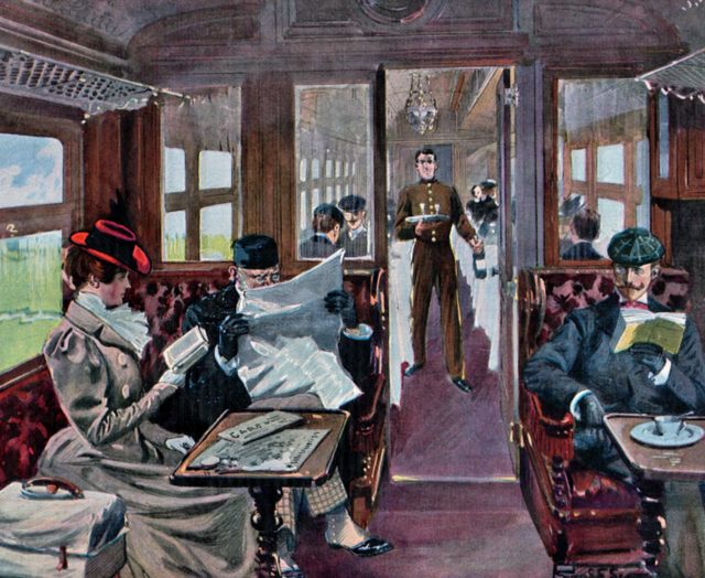 豪华列车上的沙龙与餐厅，匿名插图，法国《画报》，1899年。