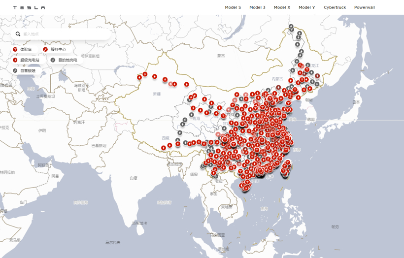 截至2021年8月19日特斯拉在华充电网络（图片来源：特斯拉官网截图）