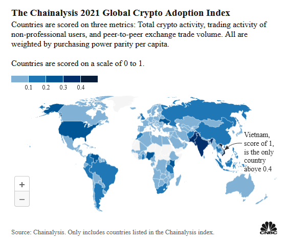 这张地图显示了世界各地加密货币运用正在起飞的地方