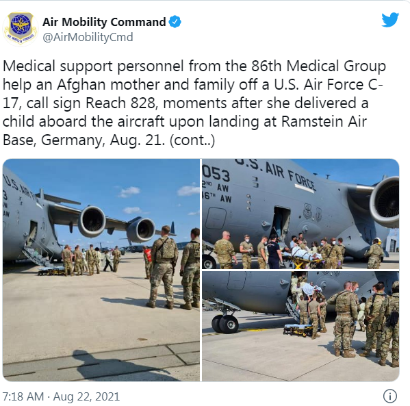 美国空军机动司令部发推称美军第86医疗小组人员协助了接生