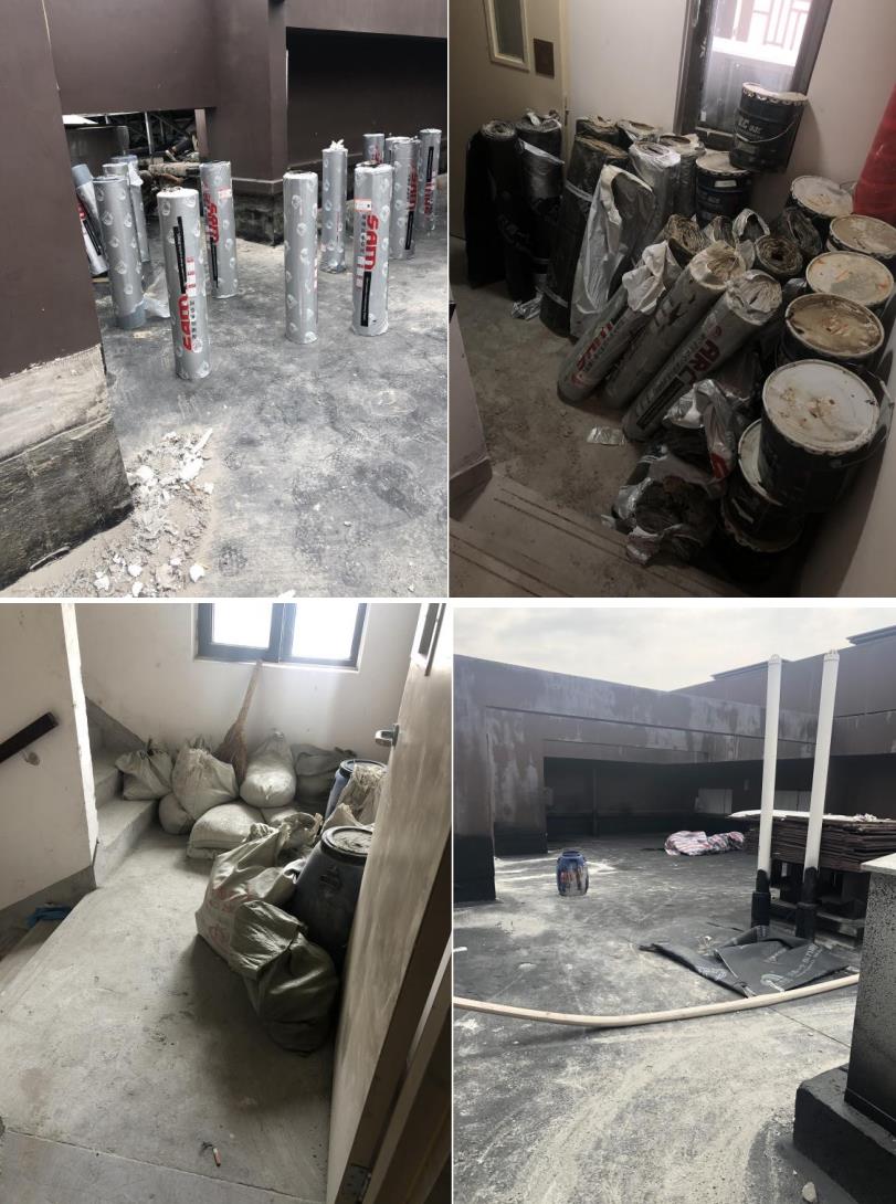 （楼梯间、楼顶堆积的建筑材料及维修现场）