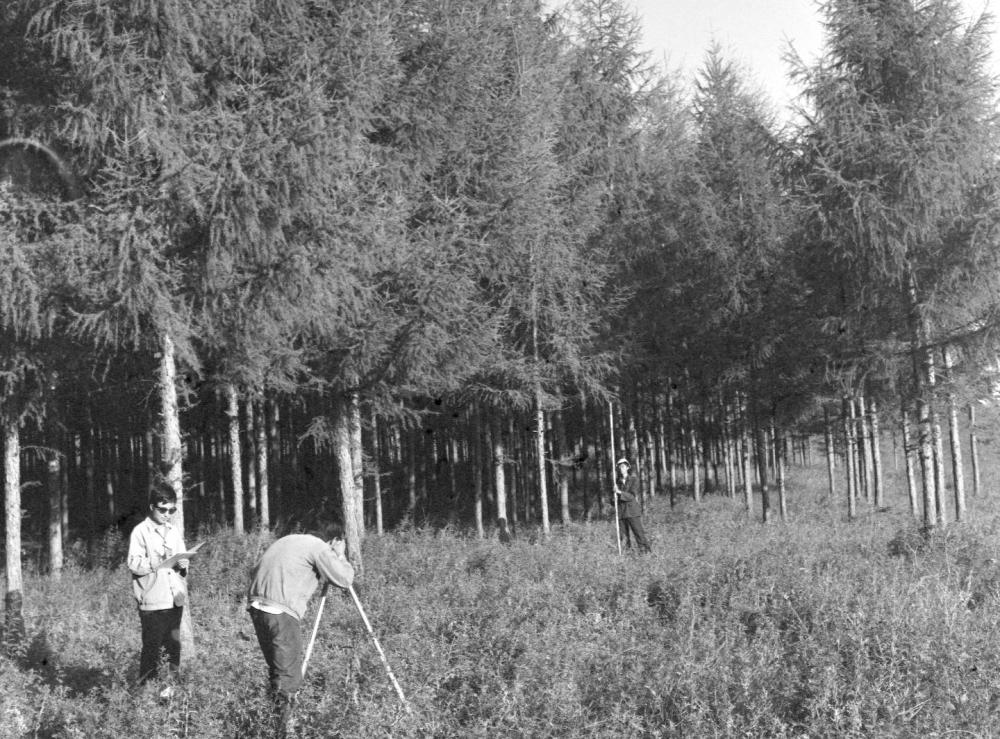 林业调查队员在塞罕坝林场进行森林调查（20世纪80年代资料照片）。