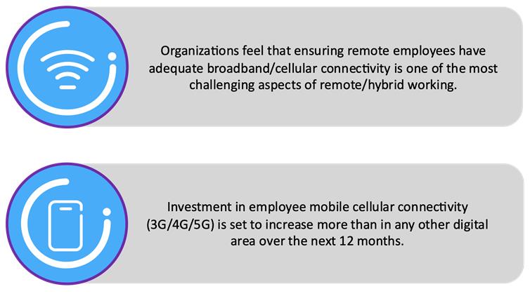 图2：企业对更好的蜂窝网络连接的兴趣正在增加。资料来源：Omdia 2021年未来办公调查。