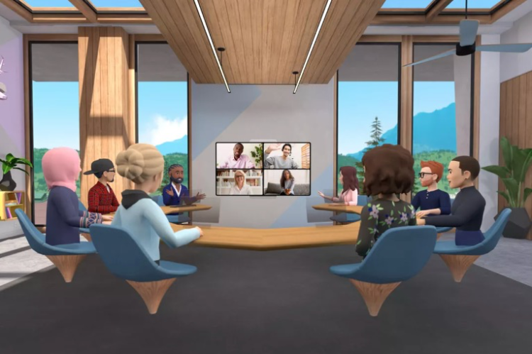 在Workrooms中，非 VR 参会者出现在虚拟会议室的屏幕上，图片来自于Oculus