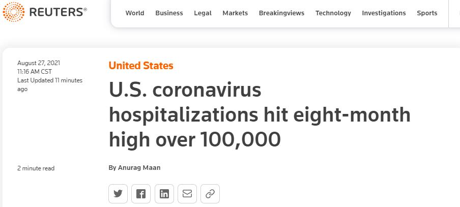 8个月来新高！外媒：美国昨日新冠住院人数突破10万人