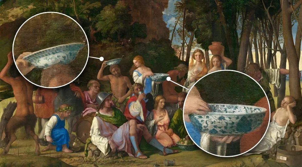 ▲ 在十六世纪西方画中出现的青花瓷 《众神的欢宴》乔凡尼·贝利尼