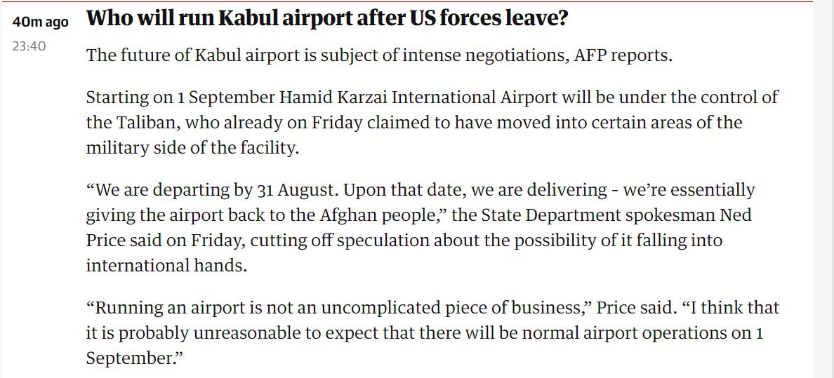 美国务院发言人：美国将于8月31日把喀布尔机场交还给“阿富汗人民”