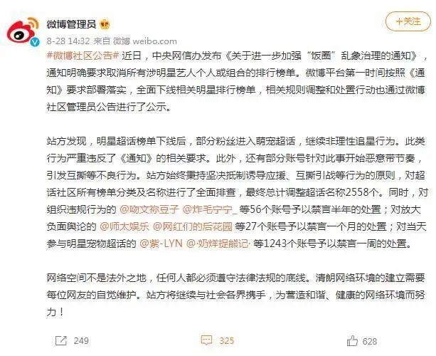 微博：全面下线相关明星排行榜单