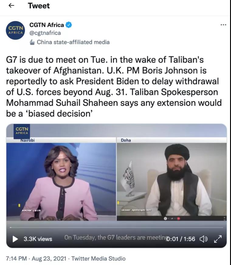 △ CGTN非洲区制中心在推特上发布采访塔利班发言人相关视频