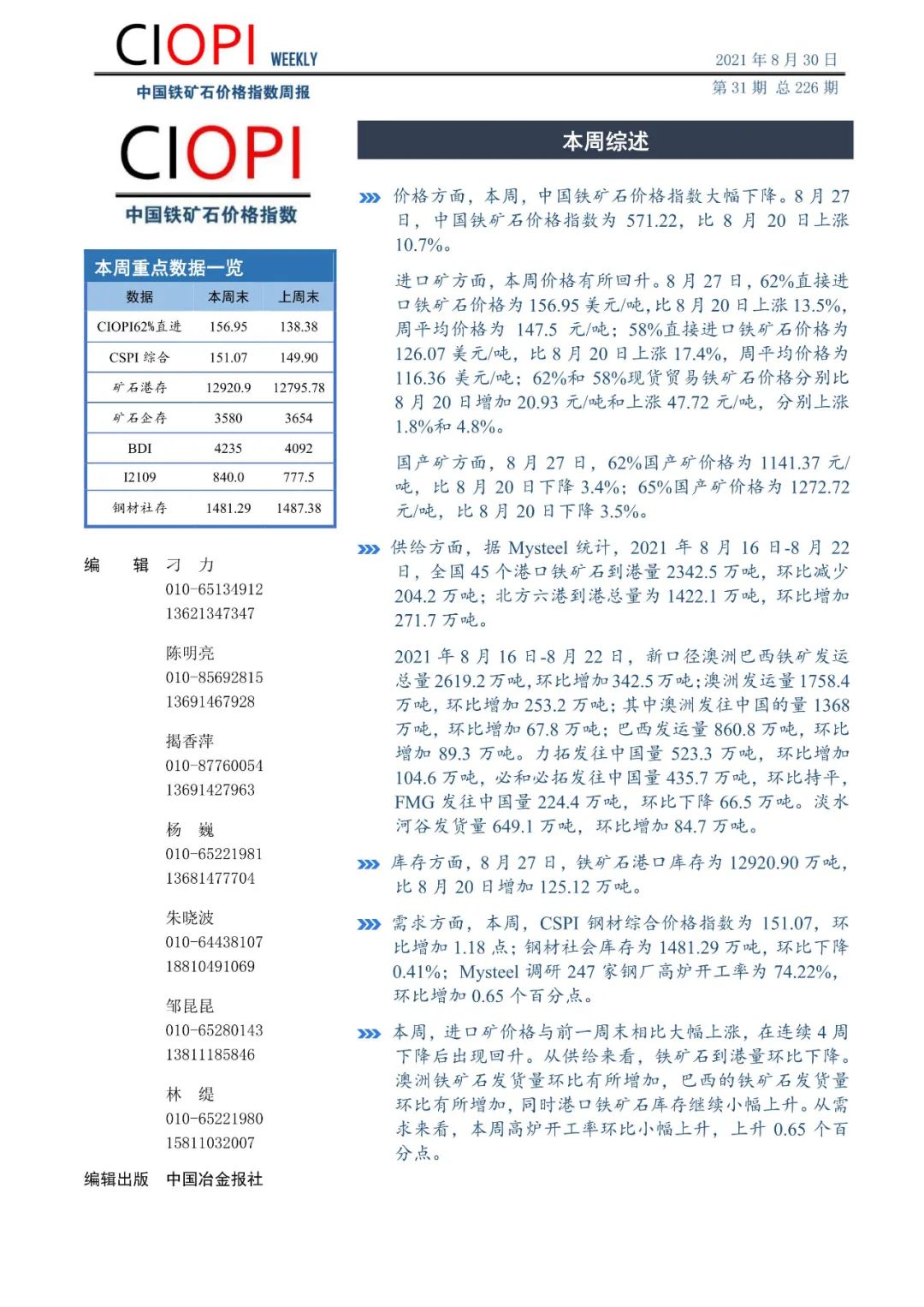 中国铁矿石价格指数周报（8月23日-8月27日）