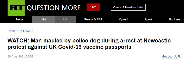 “丑陋”一幕！英国男子参加抗议“新冠疫苗护照”活动，被警犬咬住颈部15秒