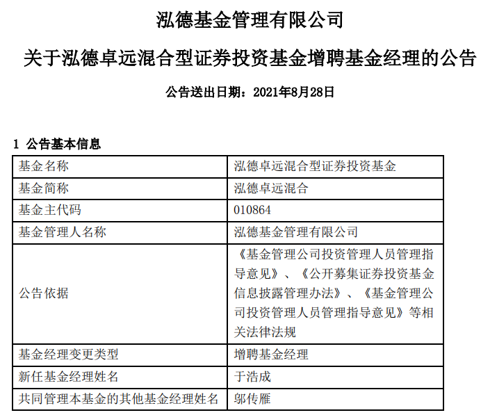 来源：泓德卓远增聘基金经理公告截图