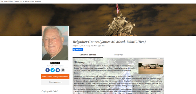 退役美国海军陆战队准将詹姆斯·M·米德的讣告。图源：网站截图