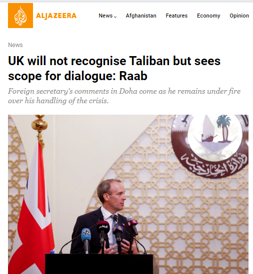 卡塔尔电视台：拉布称英国不会承认塔利班，但看到了对话空间