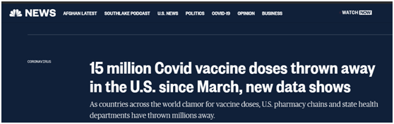 NBC报道截图：新的数据显示，美国自3月以来已丢弃1500万剂新冠疫苗