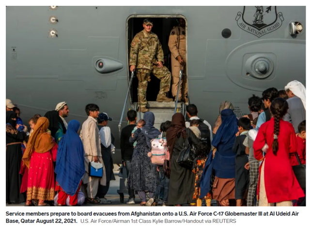 在卡塔尔乌代德空军基地准备登上美国C-17运输机的阿富汗撤离人员 图源：路透社