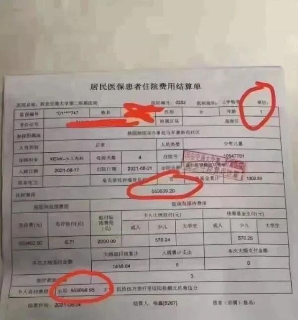 近日,网传一西安交通大学附属第二医院儿科神经康复病区住院收费票据