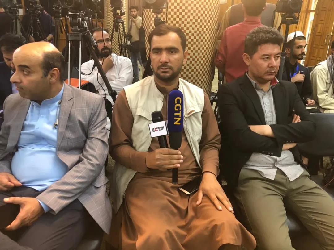 △中央广播电视总台报道员在喀布尔报道，当地时间9月6日，塔利班在阿富汗首都喀布尔媒体中心举行新闻发布会。