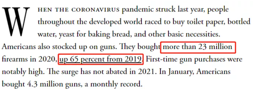  △《大西洋月刊》：自疫情暴发以来，发达国家的人们竞相购买卫生纸、瓶装水、烤面包用酵母和其他基本必需品，而美国人同时也囤积了枪支，数以百万计的人拿着疫情救助金在枪店里排队买枪。