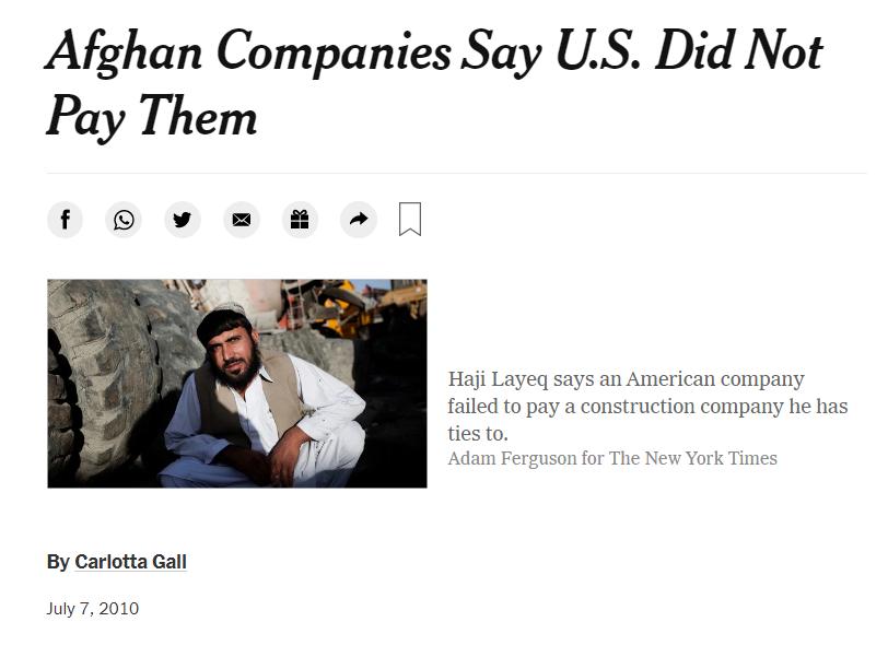 △纽约时报对国防承包商拖欠阿富汗当地企业工资一事的报道
