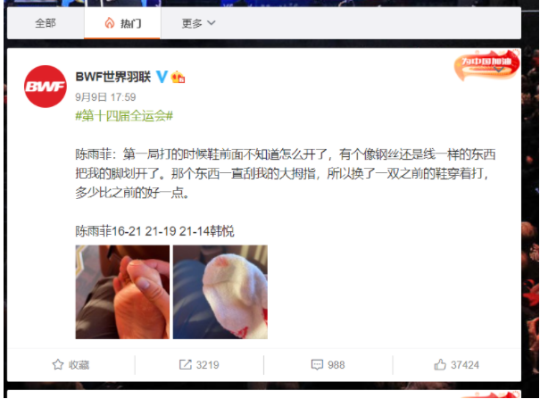 “奥运冠军陈雨菲全运会比赛被李宁运动鞋划伤！李宁客服回应：进一步跟进伤势和情况，网友：心疼运动员