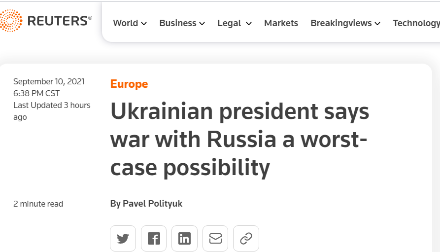 路透社：乌克兰总统表示，与俄罗斯爆发战争是最糟糕的可能性