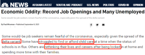 △NBC：失业者不就业的主要原因包括儿童保育服务短缺和成本增加、害怕感染或传播新冠病毒等。