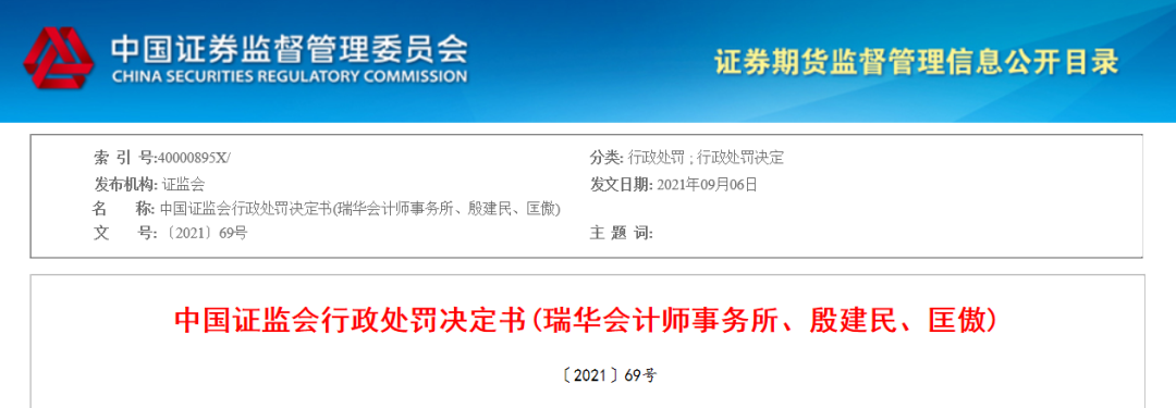 “又吃罚单！因对这家上市公司出具存在虚假记载审计报告 瑞华所被罚没480万元