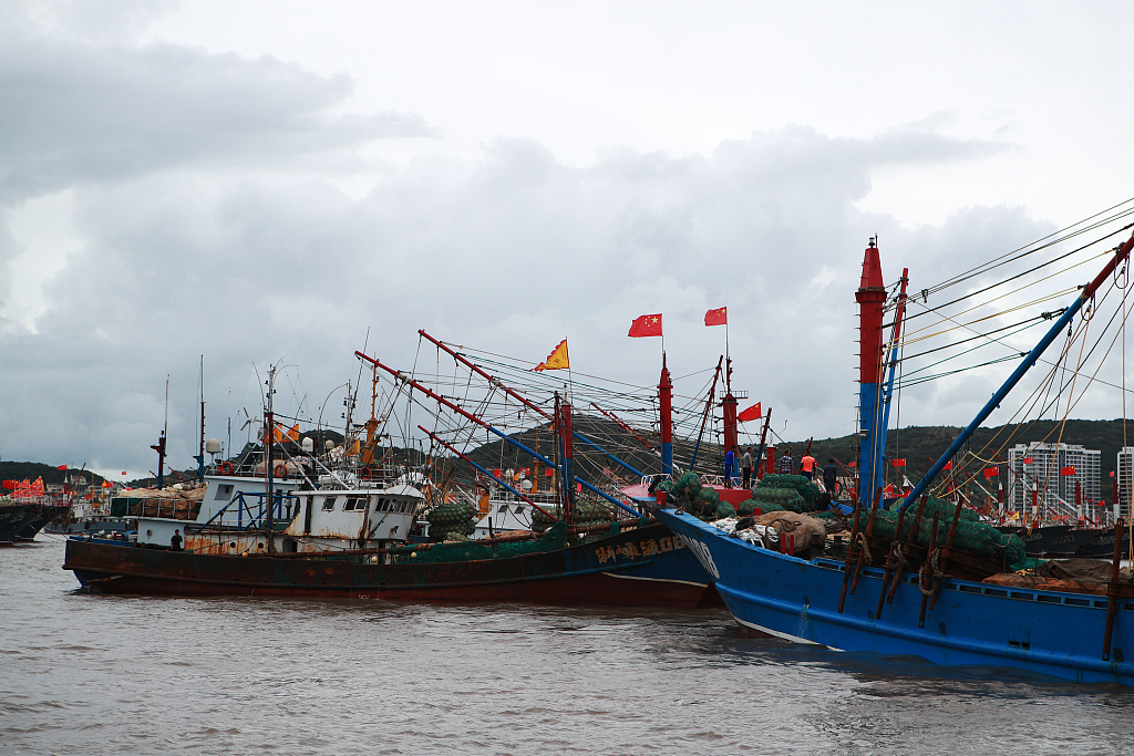 浙江舟山，渔船进港避台风“灿都”。