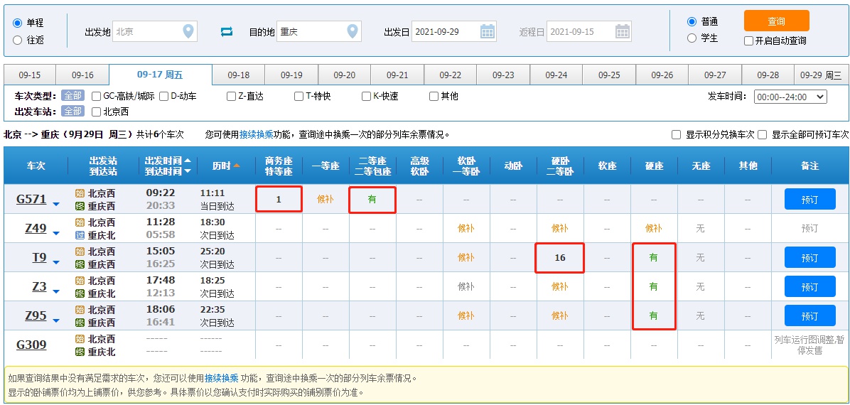 9月29日北京-重庆余票情况。来源：12306网站