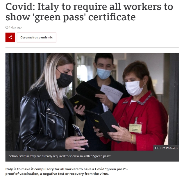 意大利的学校工作人员已经被要求出示“绿色通行证”（BBC报道截图）