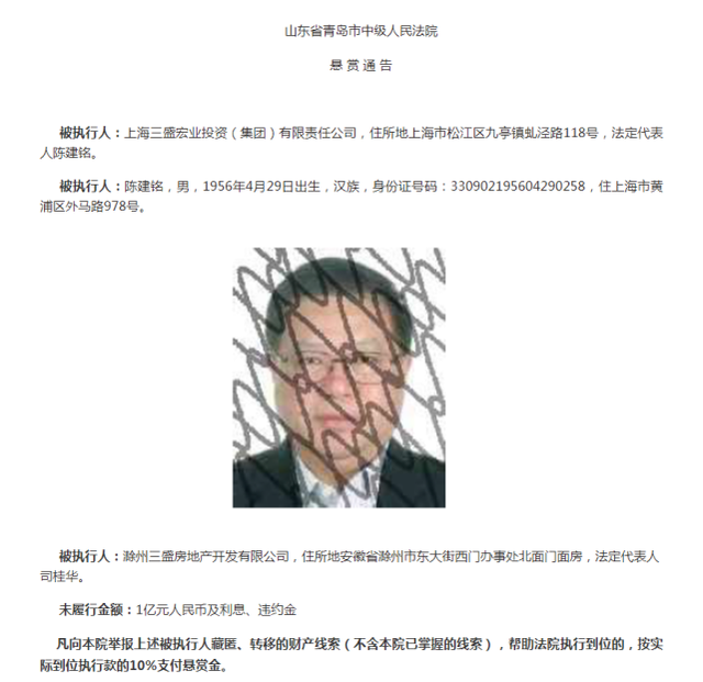 山东省青岛市中级人民法院发布的悬赏通告。截图自青岛中级人民法院官网