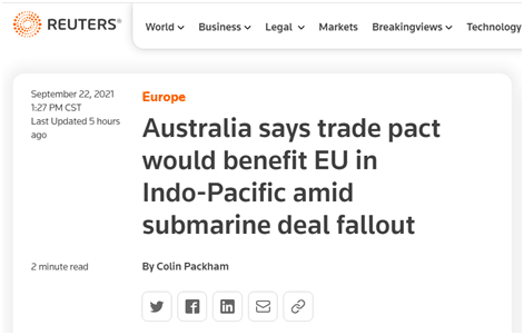 路透社：澳大利亚表示，潜艇协议余波中，澳大利亚称（澳欧）贸易协定将让欧盟在印太地区受益