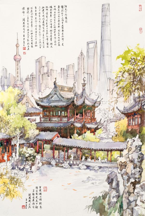 《阳光下的豫园》钢笔水彩张安朴《听涛知春晓》油画陈逸鸣《豫园"
