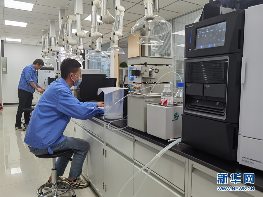 蓝晓科技新材料产业园的小分子纯化实验室内，两名技术人员在检测样品。新华网 詹婧 摄