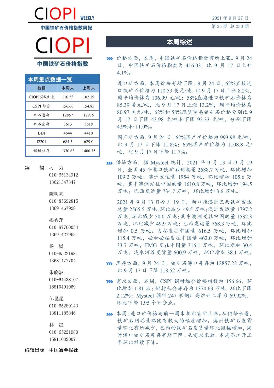 中国铁矿石价格指数周报（9月22日-9月24日）