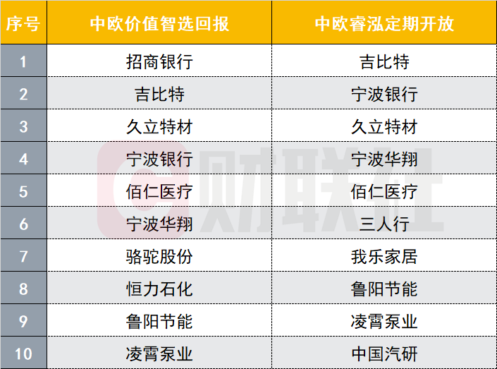 中欧价值智选与中欧睿泓定开二季度末十大重仓股