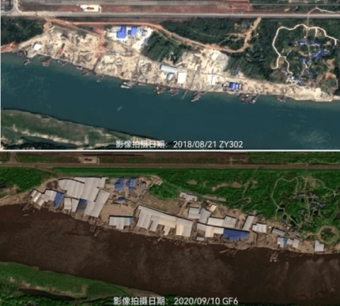 卫星影像显示，嘉陵区河西砂石堆码场整改期间码头项目明显增加（中央第五生态环境保护督察组供图）