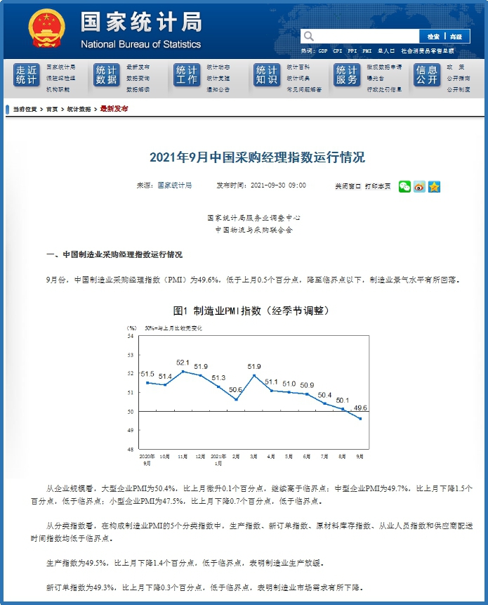国家统计局发布9月中国采购经理指数运行情况pmi为496