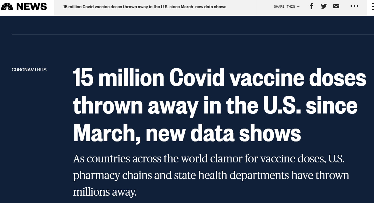 △美国全国广播公司网站报道称，自3月以来，美国丢弃了1500万剂新冠疫苗