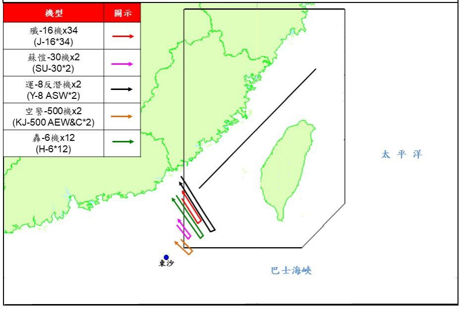 台军通报的解放军军机航迹图