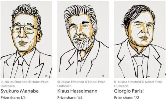 ▲2021年诺贝尔物理学奖揭晓后，诺贝尔奖官网依照惯例公布了获奖者画像，从左至右分别为真锅淑郎、克劳斯·哈塞尔曼、乔治·帕里西。图/诺贝尔奖官网