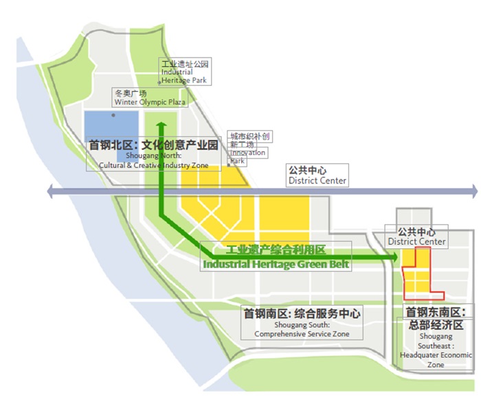 首钢园区规划分为3个片区,首钢北区依托现状工业遗产,作为文化创意