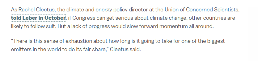 △美国沃克斯新闻网（VOX）报道：克莱特斯表示，对于美国要用多长时间才能肩负起其在应对气候变化领域应有的责任，人们已经产生了“疲惫感”。