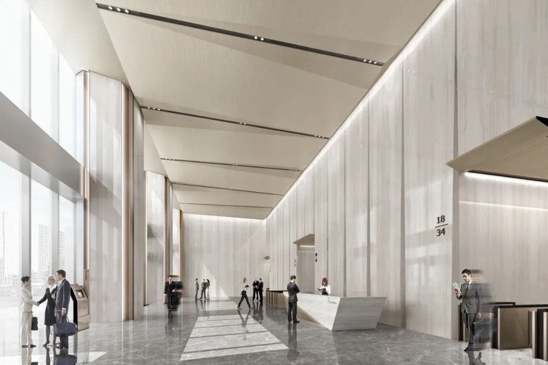 敏捷广场大堂效果图快速高效的通勤过程,舒朗无忧的办公空间,以计疗