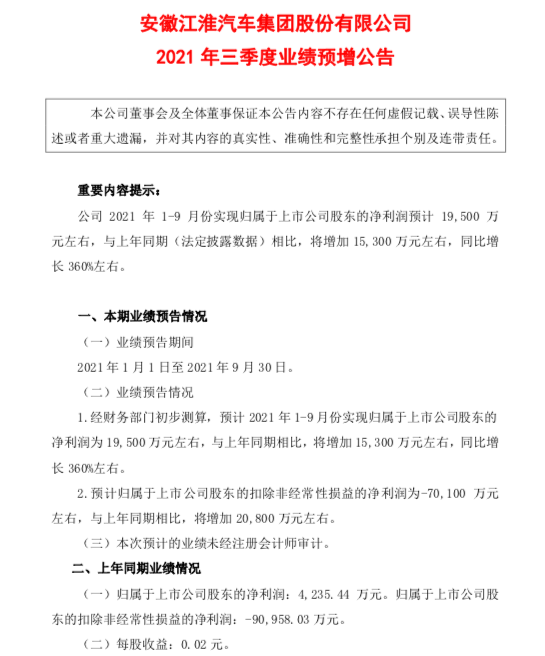 江淮汽车前三季度净利预计同比增长360%