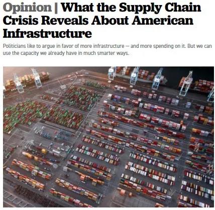 △美国“政客”新闻网文章截图。文章说，美国的物流系统正被愚蠢的政策所困扰，效率极低。