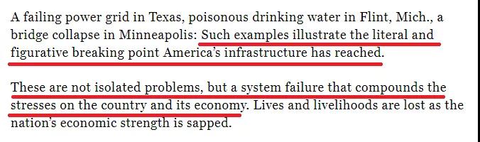 △《财富》杂志报道截图。报道举例指出，“得克萨斯州瘫痪的电网、密歇根州弗林特的有毒饮用水、明尼苏达州明尼阿波利斯的桥梁倒塌等等并不是孤立的问题，而是整个制度的失灵”。