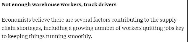 △美国广播公司（ABC）报道截图。经济学家认为，造成供应链危机的因素有很多，其中包括越来越多工人（仓库工人、卡车司机等）的辞职。